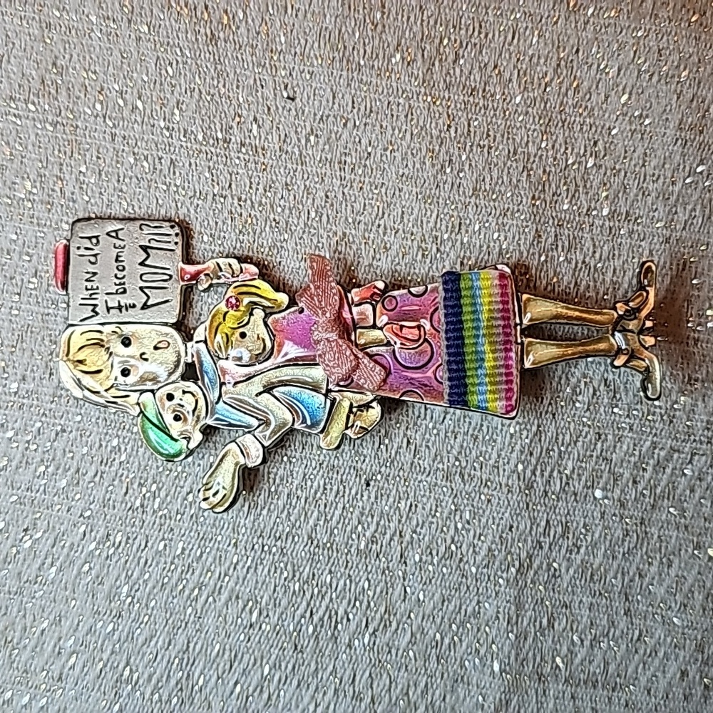 Vintage AJMC Mom Baby Kids When Did I Become A Mom Enamel Silver Brooch